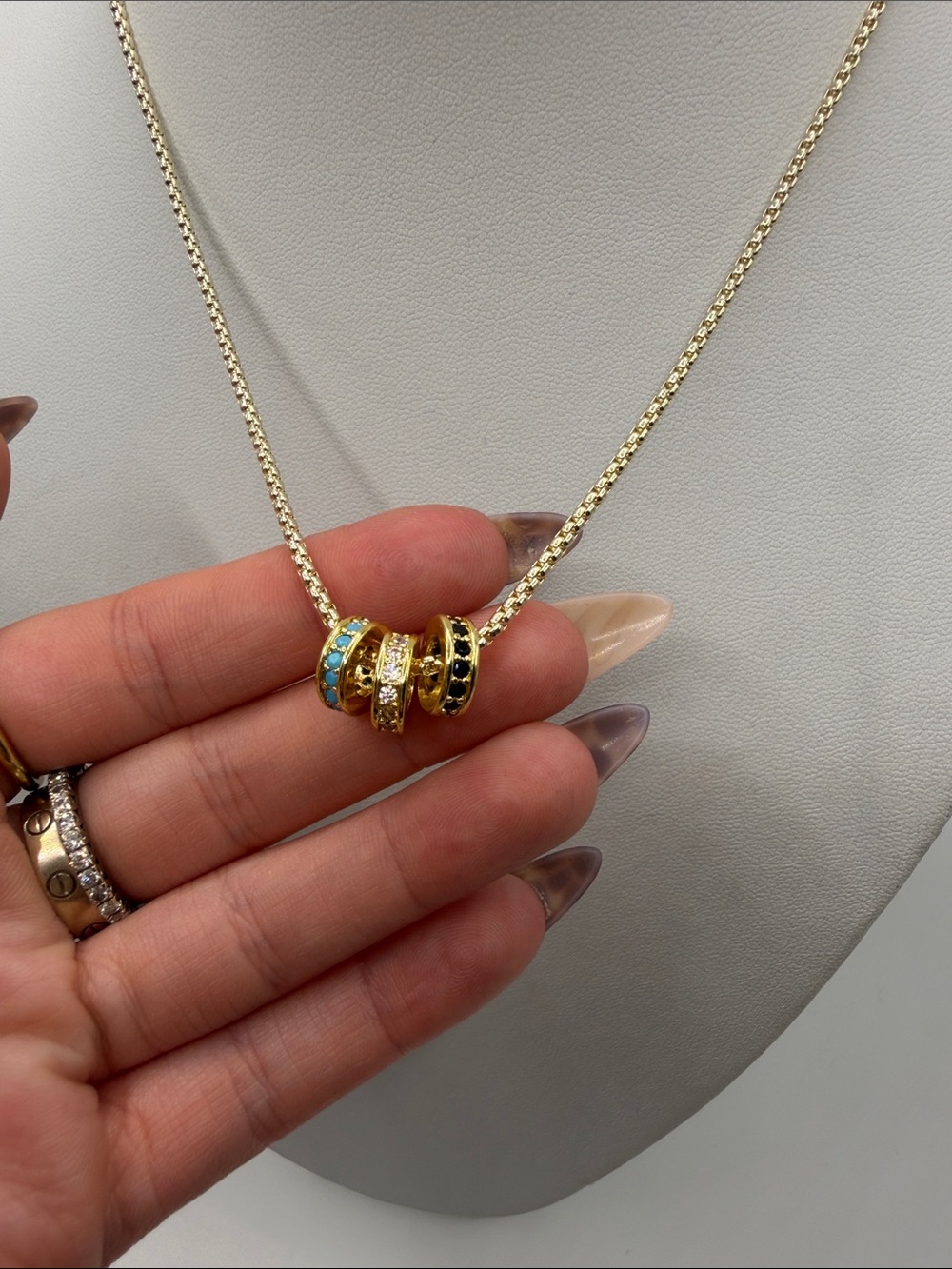 025. 18k Gold Plated Chain Necklace with Trio of Slides. Triple A CZ’s 16”